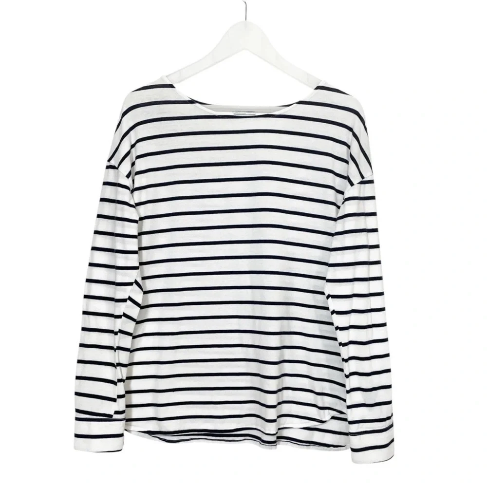 Zara Navy Blue White Breton Striped Long Sleeve Boatneck Top Women’s Size Medium - Picture 3 of 8